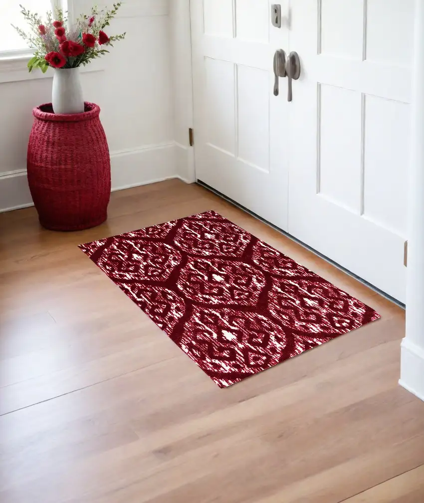 Red and White Ikat Printed Washable Non Skid Area Rug Photo 1