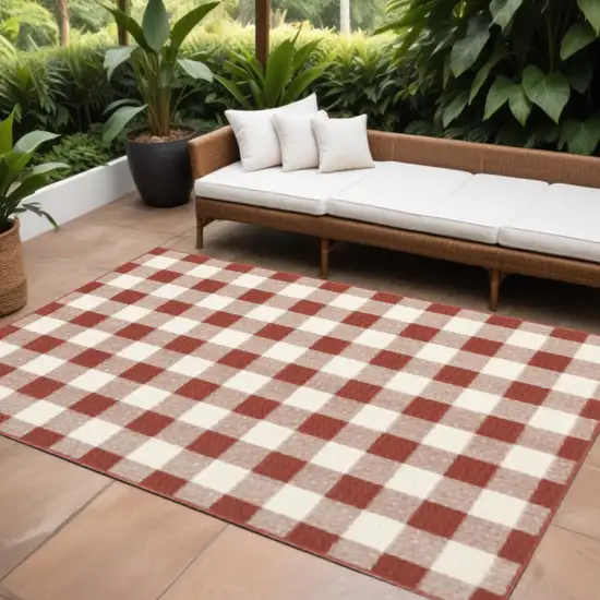 Red and Ivory Geometric Stain Resistant Indoor Outdoor Area Rug Photo 1