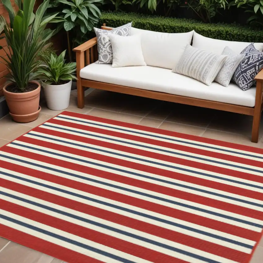 Red and Ivory Geometric Stain Resistant Indoor Outdoor Area Rug Photo 1