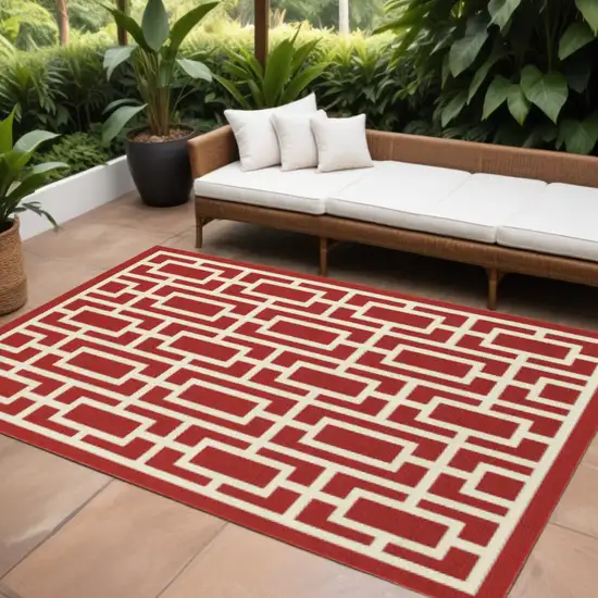 Red and Ivory Geometric Stain Resistant Indoor Outdoor Area Rug Photo 5