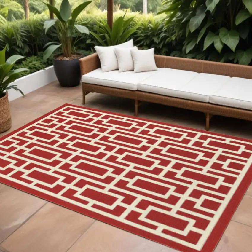 Red and Ivory Geometric Stain Resistant Indoor Outdoor Area Rug Photo 5