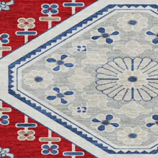 8' X 8' Red Navy Blue And Ivory Floral Washable Round Rug With UV Protection Photo 3