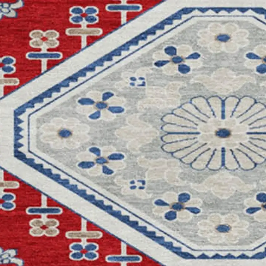 8' X 8' Red Navy Blue And Ivory Floral Washable Round Rug With UV Protection Photo 3
