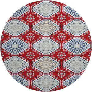Photo of 8' X 8' Red Navy Blue And Ivory Floral Washable Round Rug With UV Protection