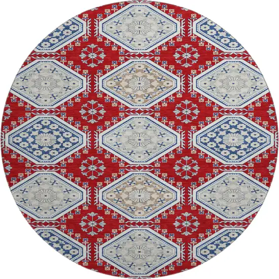 8' X 8' Red Navy Blue And Ivory Floral Washable Round Rug With UV Protection Photo 1