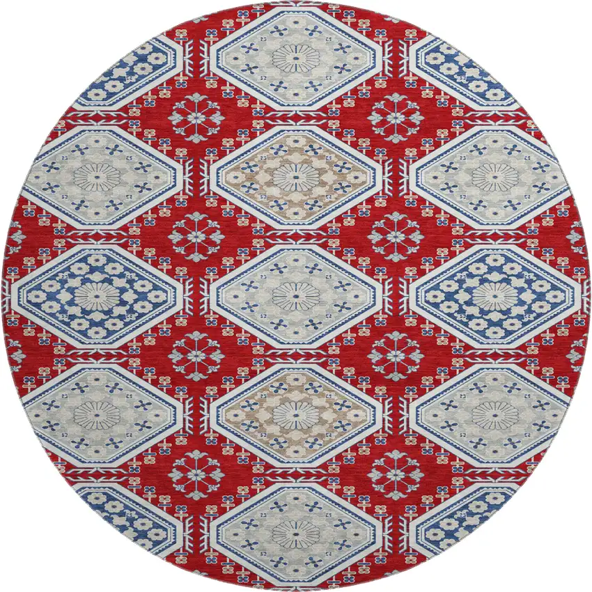8' X 8' Red Navy Blue And Ivory Floral Washable Round Rug With UV Protection Photo 1