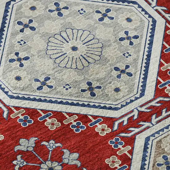 8' X 8' Red Navy Blue And Ivory Floral Washable Round Rug With UV Protection Photo 8