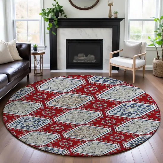 8' X 8' Red Navy Blue And Ivory Floral Washable Round Rug With UV Protection Photo 4