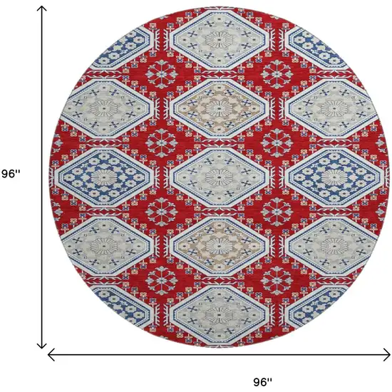 8' X 8' Red Navy Blue And Ivory Floral Washable Round Rug With UV Protection Photo 9