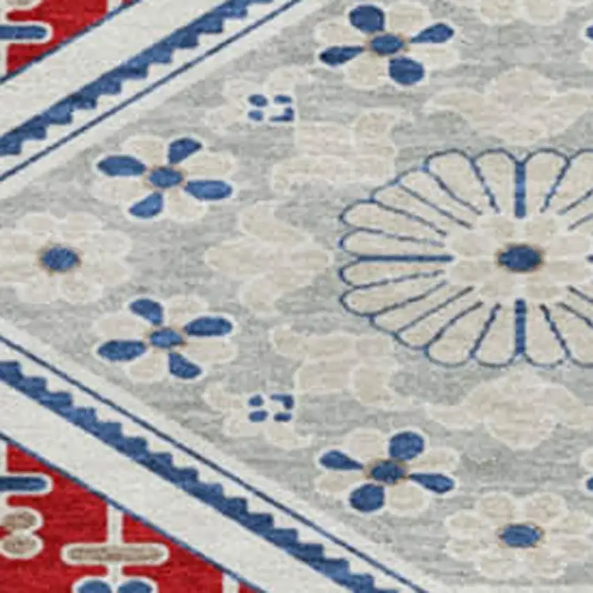 8' X 8' Red Navy Blue And Ivory Floral Washable Round Rug With UV Protection Photo 2