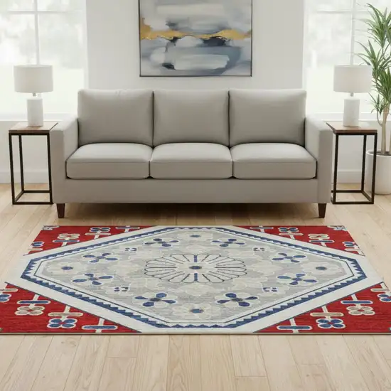 8' X 8' Red Navy Blue And Ivory Floral Washable Round Rug With UV Protection Photo 2