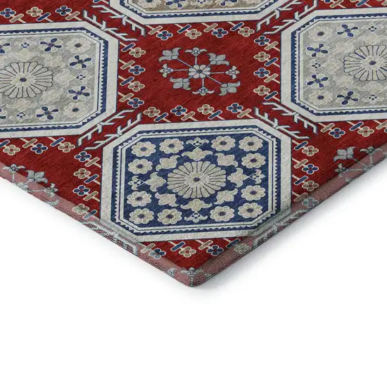 8' X 8' Red Navy Blue And Ivory Floral Washable Round Rug With UV Protection Photo 6