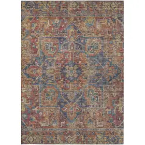 Photo of 3' X 5' Red Orange and Blue Oriental Washable Non Skid Indoor Outdoor Area Rug