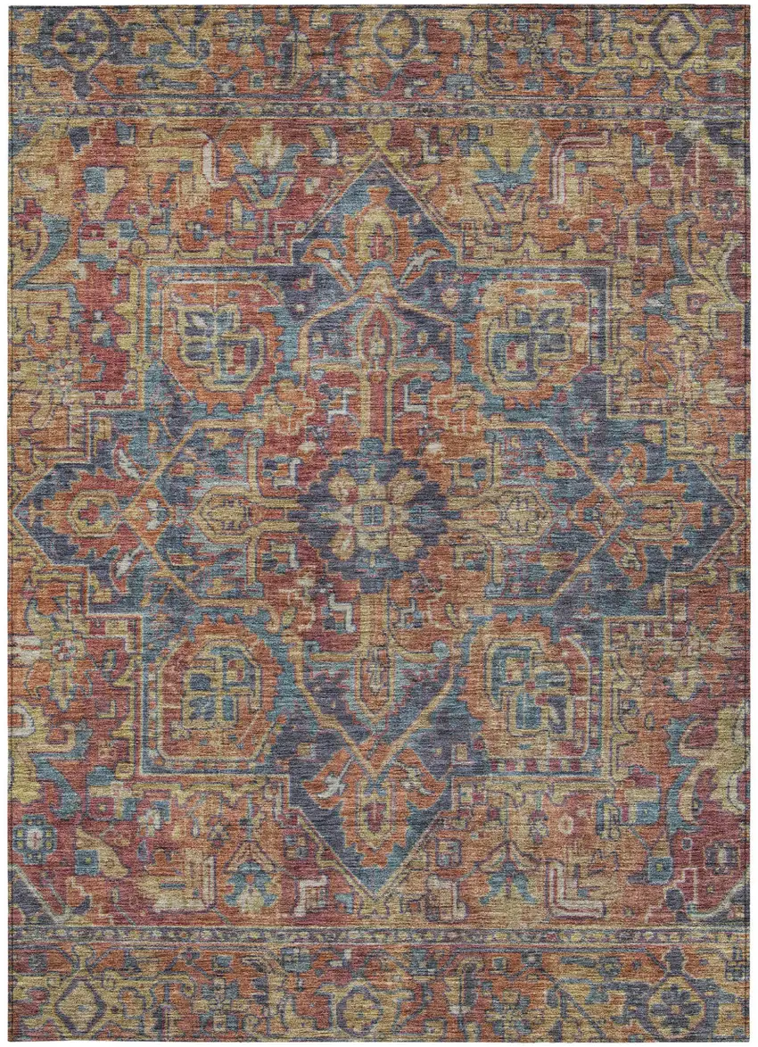 Red Orange And Blue Oriental Washable Indoor Outdoor Area Rug Photo 5