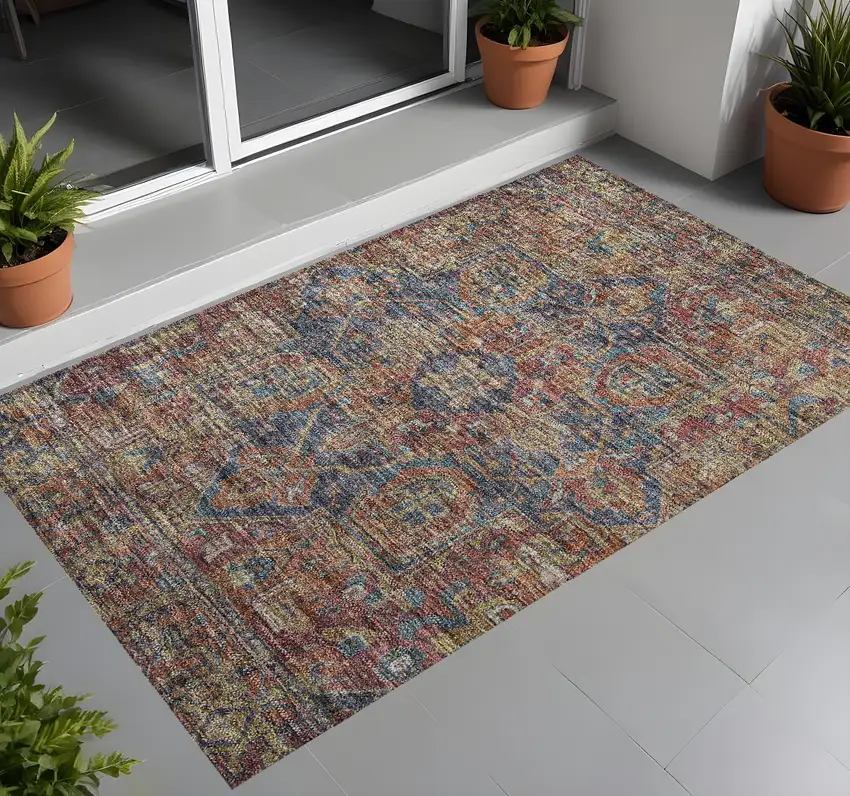 Red Orange and Blue Oriental Washable Non Skid Indoor Outdoor Area Rug Photo 1