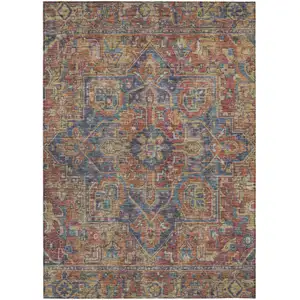 Photo of 3' X 5' Red Orange and Blue Oriental Washable Non Skid Indoor Outdoor Area Rug