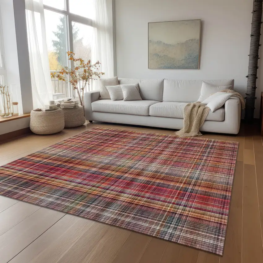 Red Orange and Brown Plaid Washable Non Skid Indoor Outdoor Area Rug Photo 9