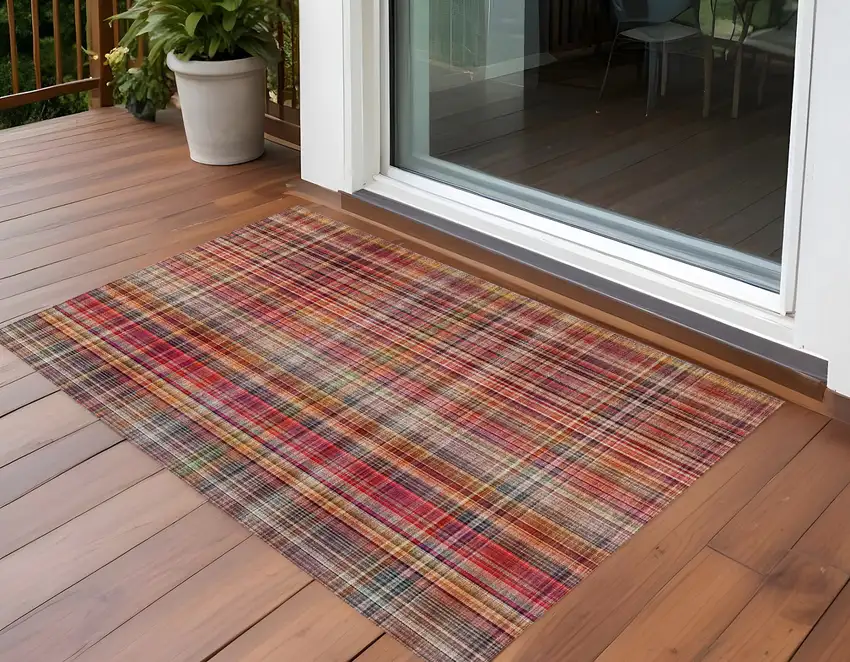 Red Orange and Brown Plaid Washable Non Skid Indoor Outdoor Area Rug Photo 1
