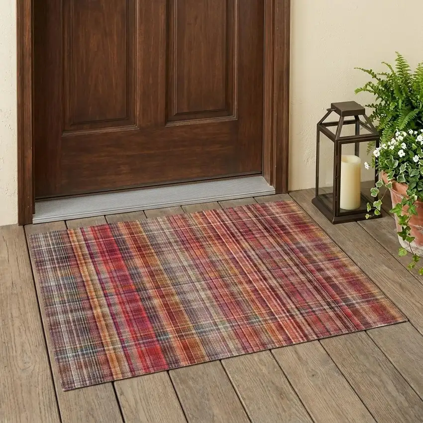 Red Orange and Brown Plaid Washable Non Skid Indoor Outdoor Area Rug Photo 1