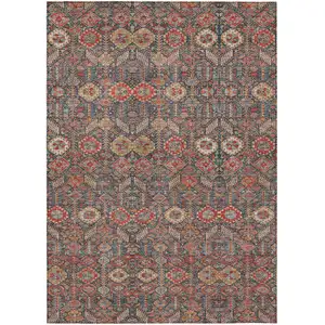 Photo of 3' X 5' Red and Dark Blue Floral Washable Non Skid Indoor Outdoor Area Rug