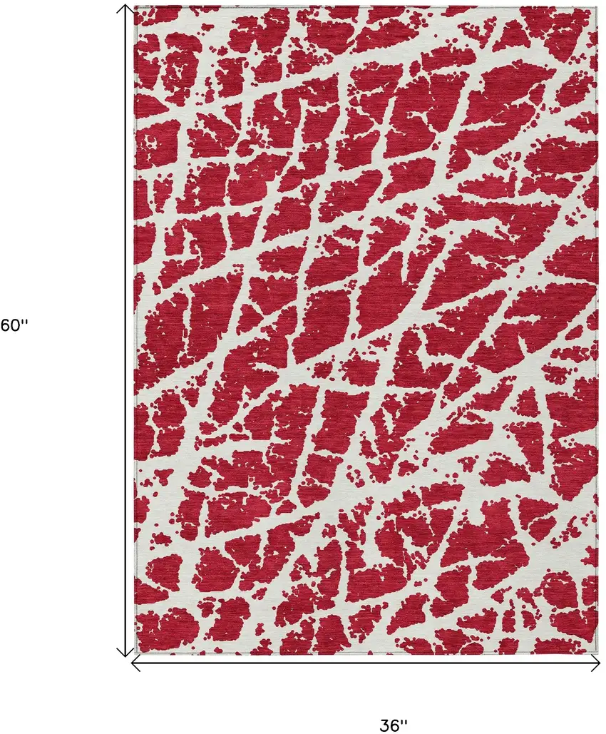3' X 5' Red and White Abstract Washable Non Skid Indoor Outdoor Area Rug Photo 3