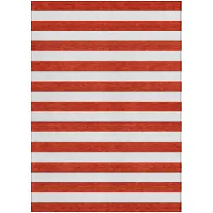 Photo of 3' X 5' Red and White Striped Washable Non Skid Indoor Outdoor Area Rug
