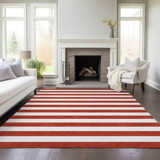 Red and White Striped Washable Non Skid Indoor Outdoor Area Rug Photo 9