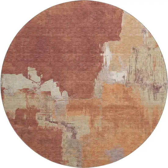 8' X 8' Rust Beige And Peach Abstract Washable Round Rug With UV Protection Photo 1