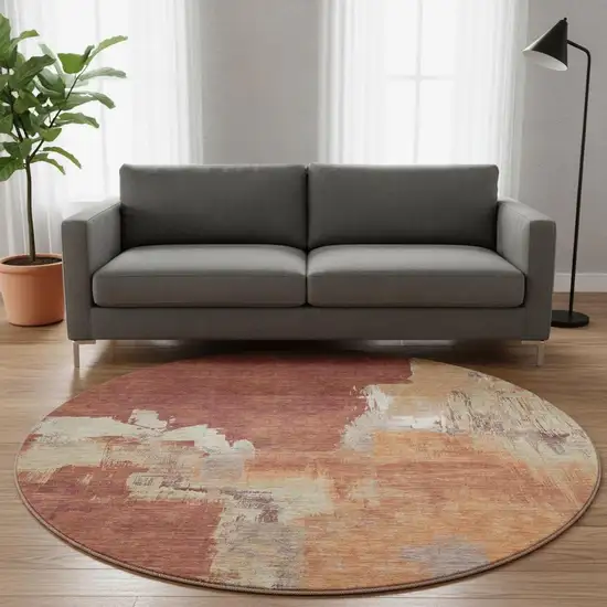 8' X 8' Rust Beige And Peach Abstract Washable Round Rug With UV Protection Photo 2