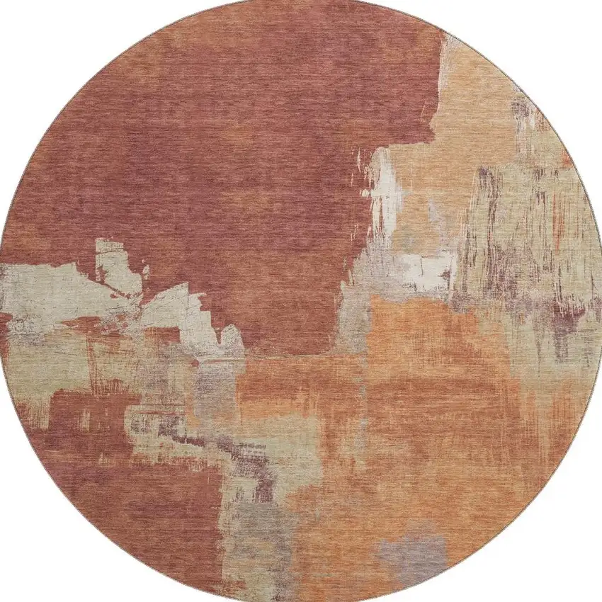 8' X 8' Rust Beige And Peach Abstract Washable Round Rug With UV Protection Photo 3