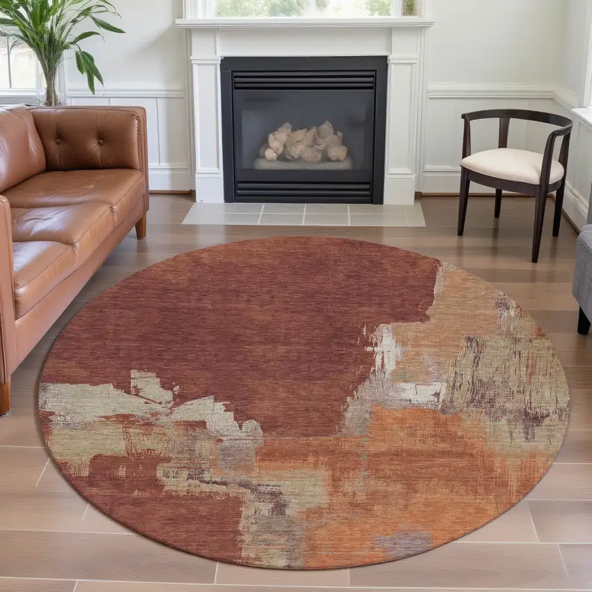 8' X 8' Rust Beige And Peach Abstract Washable Round Rug With UV Protection Photo 4