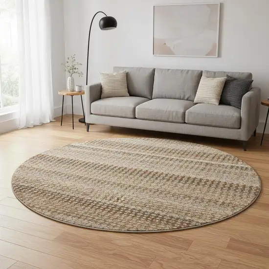 8' X 8' Rust Beige And Taupe Striped Washable Round Rug With UV Protection Photo 2
