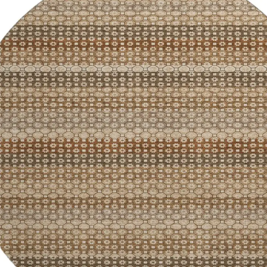 8' X 8' Rust Beige And Taupe Striped Washable Round Rug With UV Protection Photo 2