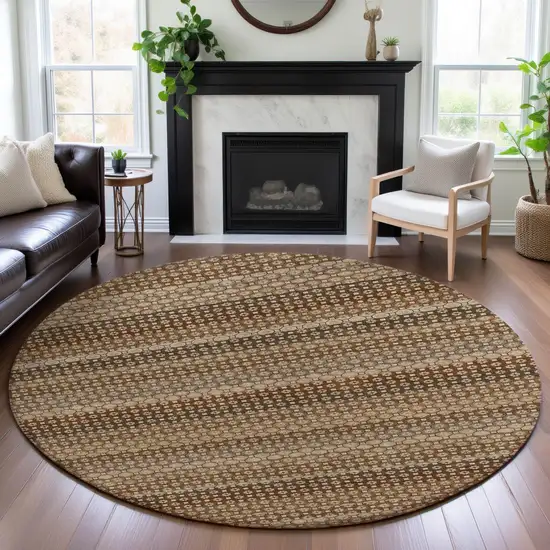 8' X 8' Rust Beige And Taupe Striped Washable Round Rug With UV Protection Photo 4