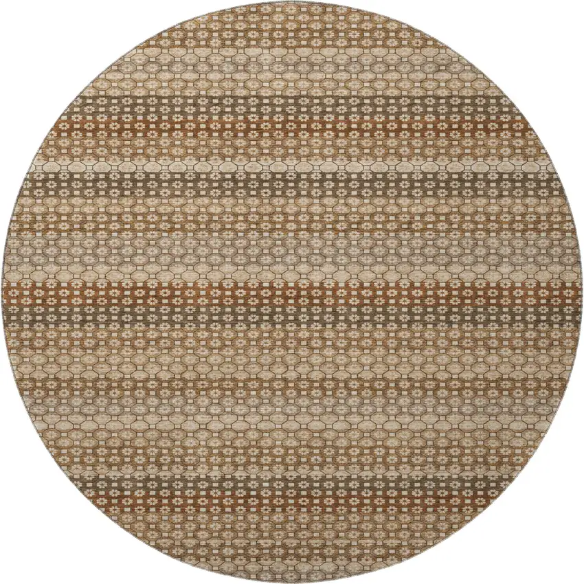8' X 8' Rust Beige And Taupe Striped Washable Round Rug With UV Protection Photo 3