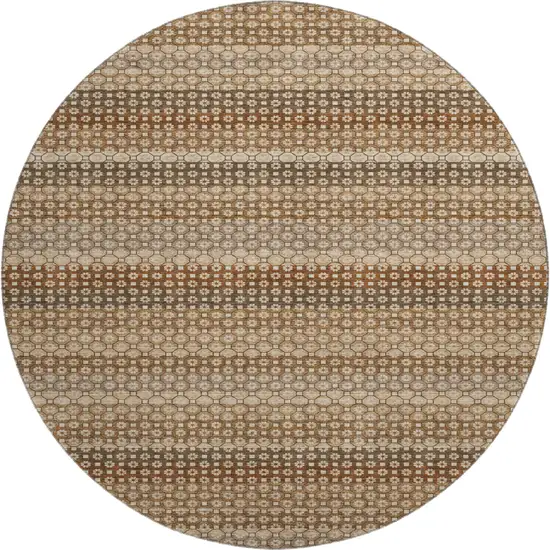 8' X 8' Rust Beige And Taupe Striped Washable Round Rug With UV Protection Photo 1