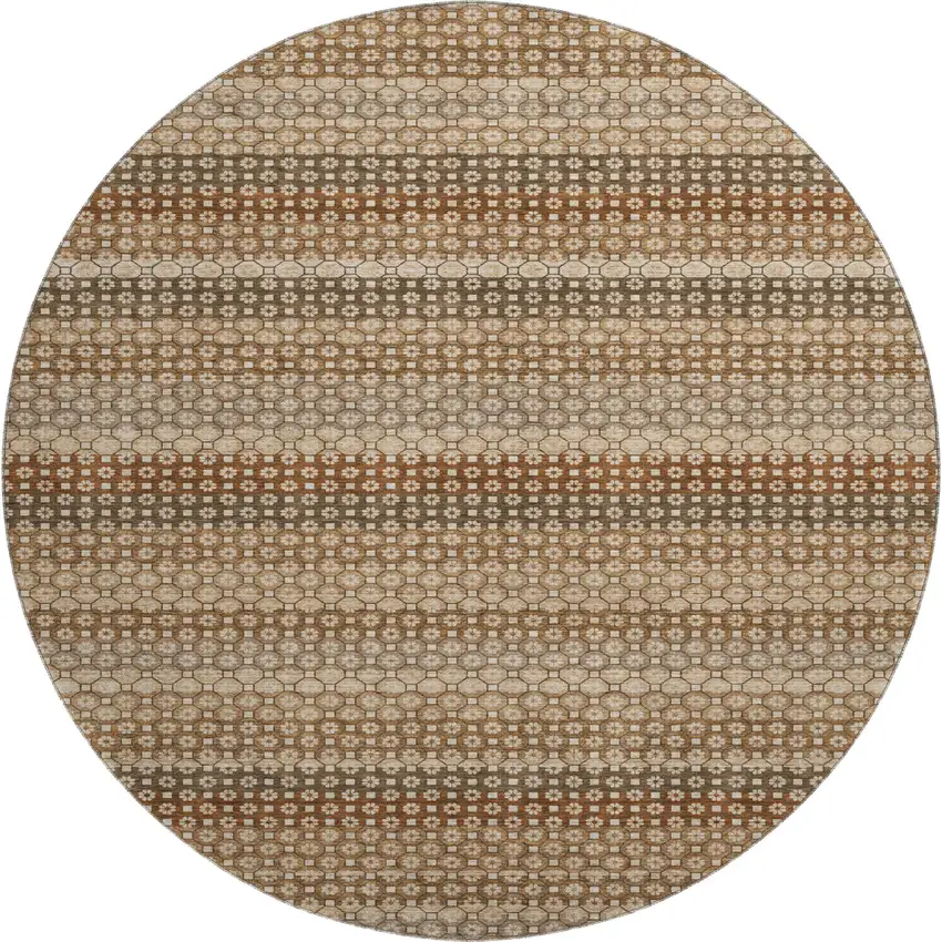 8' X 8' Rust Beige And Taupe Striped Washable Round Rug With UV Protection Photo 1