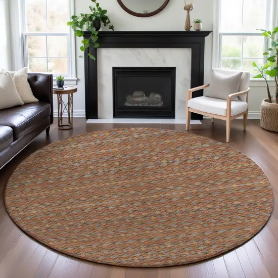 8' X 8' Rust Blue And Gold Striped Washable Round Rug With UV Protection Photo 4