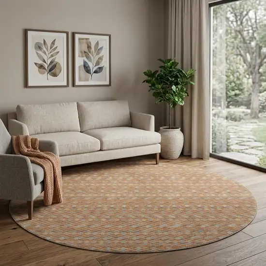 8' X 8' Rust Blue And Gold Striped Washable Round Rug With UV Protection Photo 1