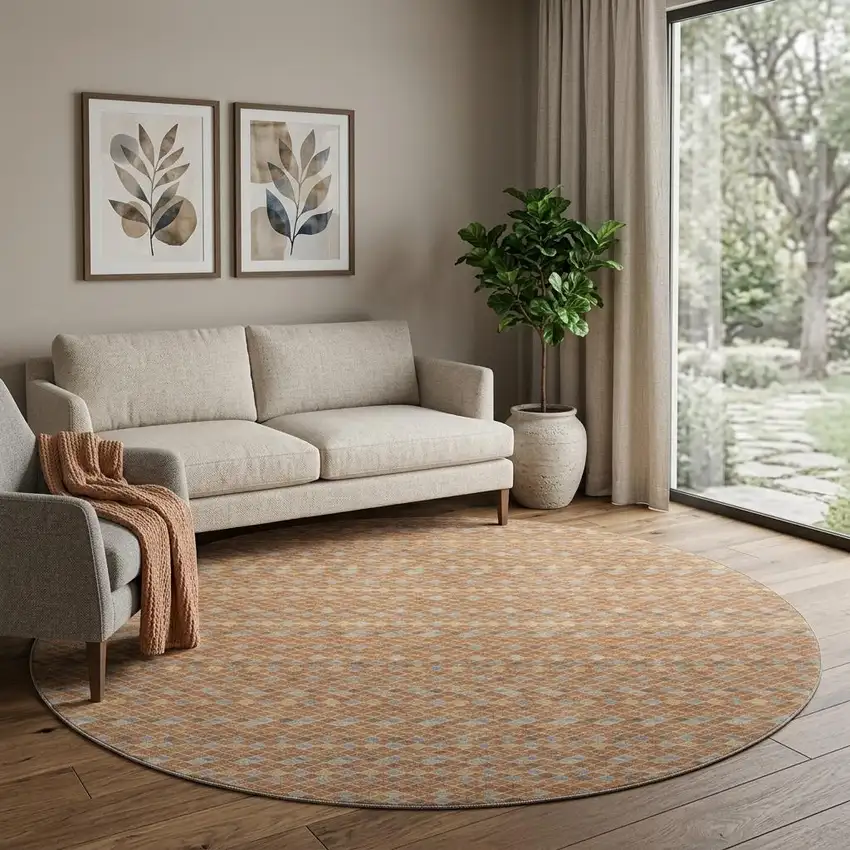8' X 8' Rust Blue And Gold Striped Washable Round Rug With UV Protection Photo 1
