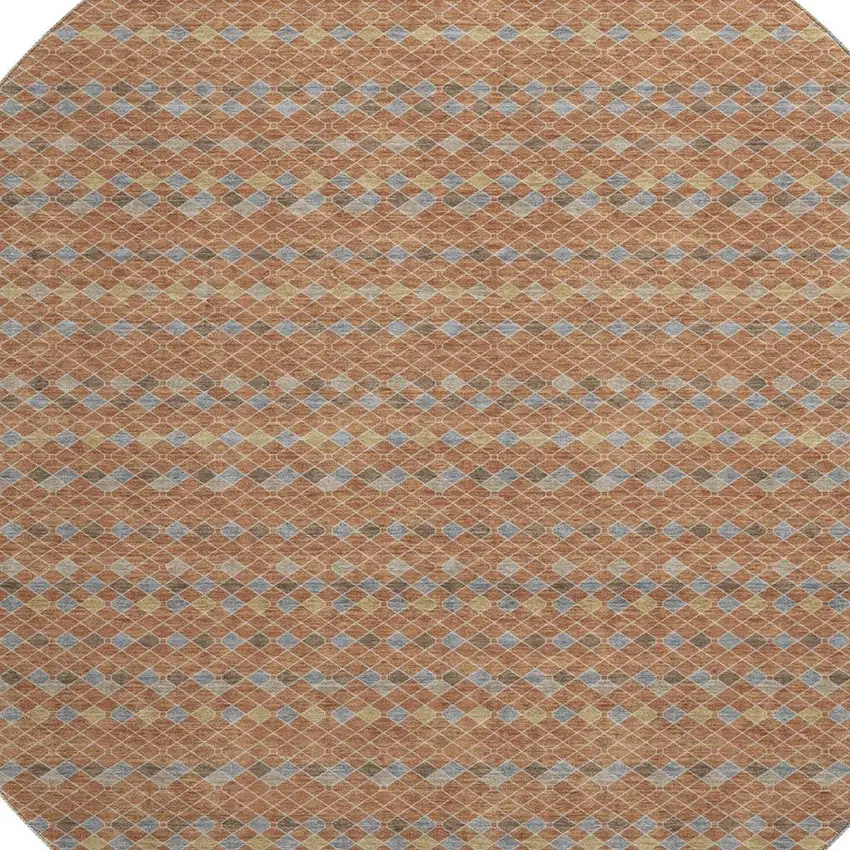 8' X 8' Rust Blue And Gold Striped Washable Round Rug With UV Protection Photo 2