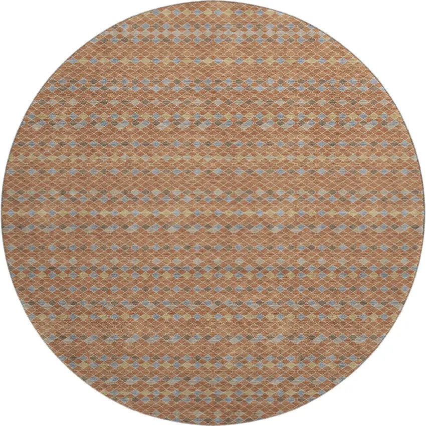 8' X 8' Rust Blue And Gold Striped Washable Round Rug With UV Protection Photo 1