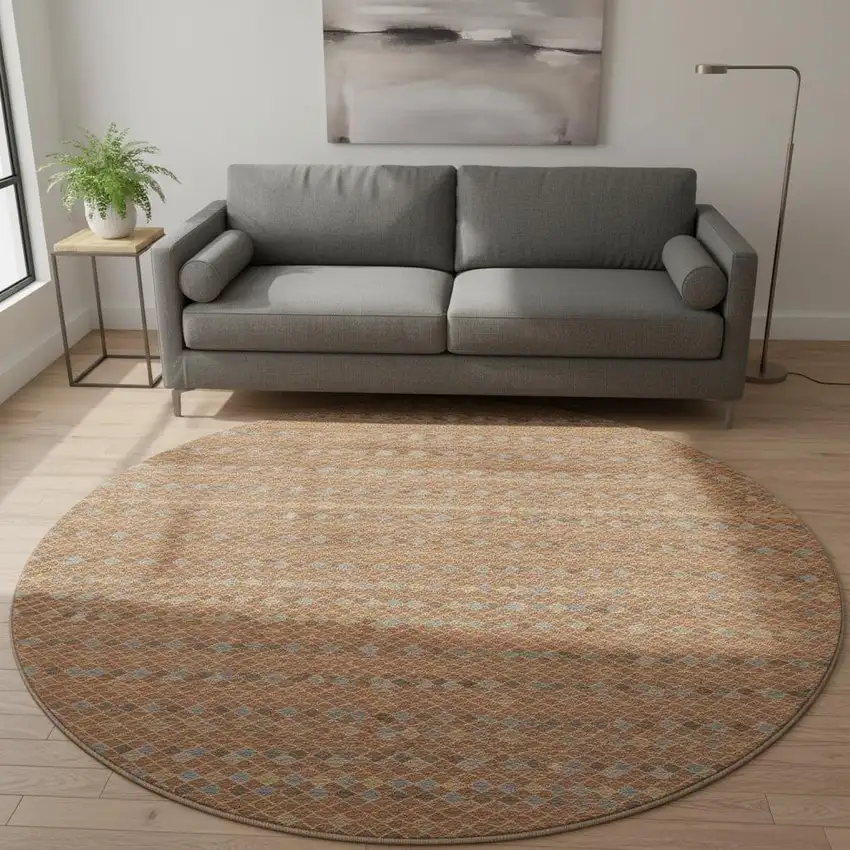 8' X 8' Rust Blue And Gold Striped Washable Round Rug With UV Protection Photo 2