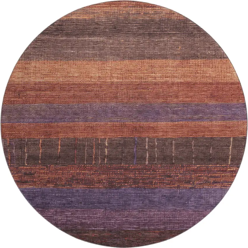 8' X 8' Rust Eggplant And Terra Cotta Striped Washable Round Rug With UV Protection Photo 1