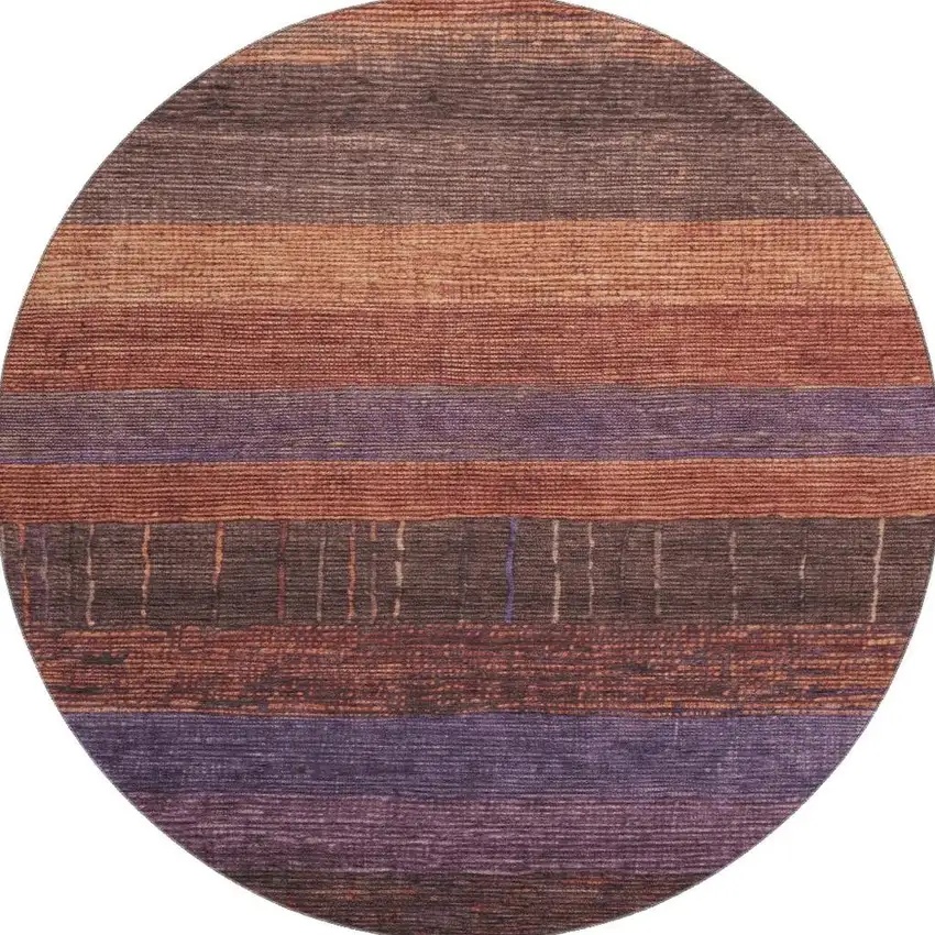 8' X 8' Rust Eggplant And Terra Cotta Striped Washable Round Rug With UV Protection Photo 2