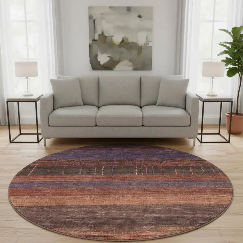 8' X 8' Rust Eggplant And Terra Cotta Striped Washable Round Rug With UV Protection Photo 2