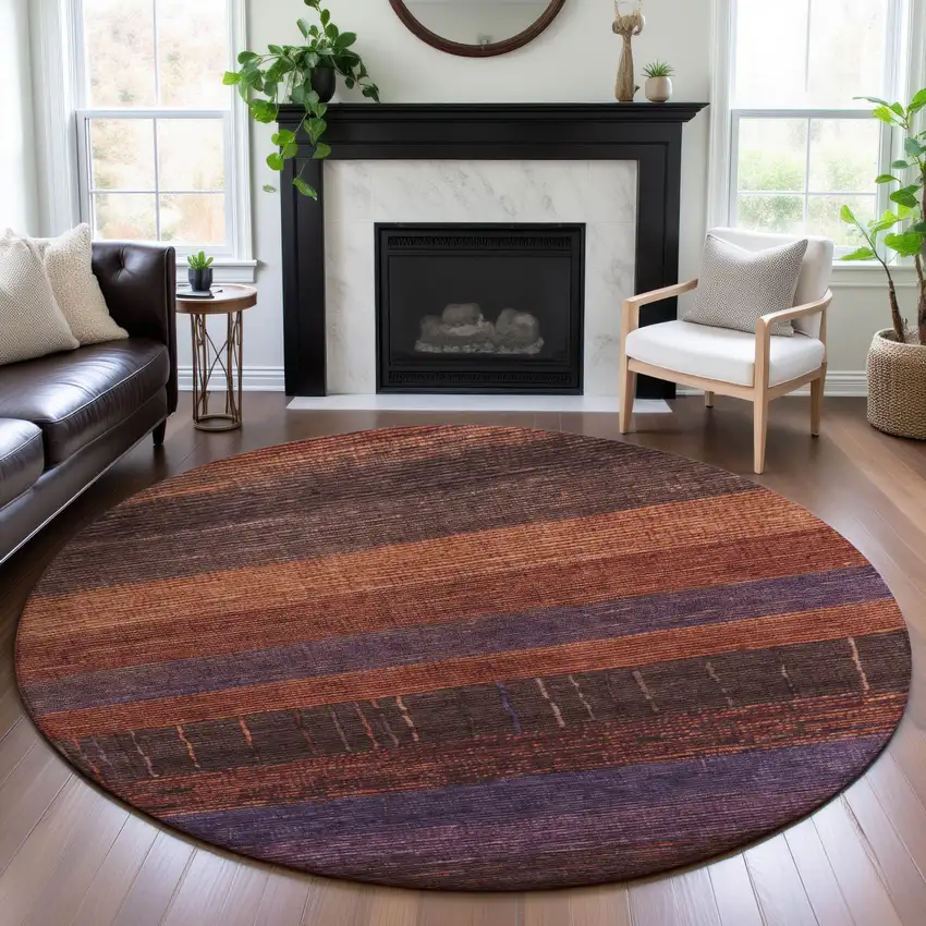 8' X 8' Rust Eggplant And Terra Cotta Striped Washable Round Rug With UV Protection Photo 4