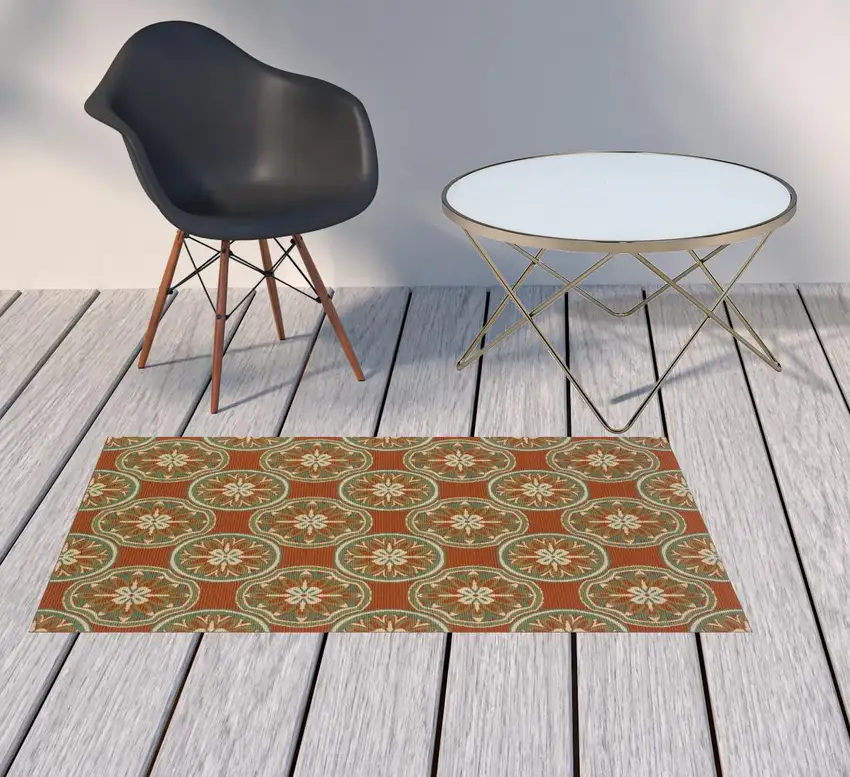 3' X 5' Rust Floral Stain Resistant Indoor Outdoor Area Rug Photo 2
