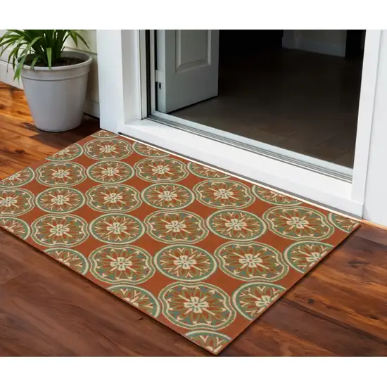 Brown and Ivory Floral Stain Resistant Indoor Outdoor Area Rug Photo 1