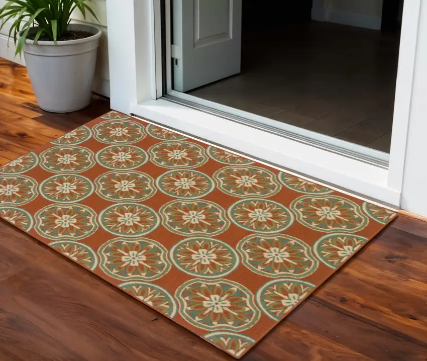 Brown and Ivory Floral Stain Resistant Indoor Outdoor Area Rug Photo 1